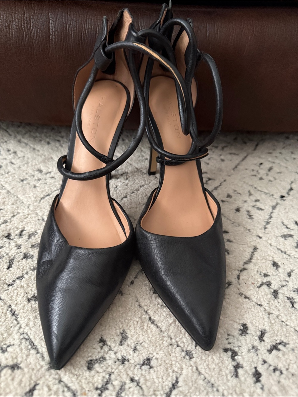 Halston Heritage Black Pointed Leather Wrap-Heel Pumps